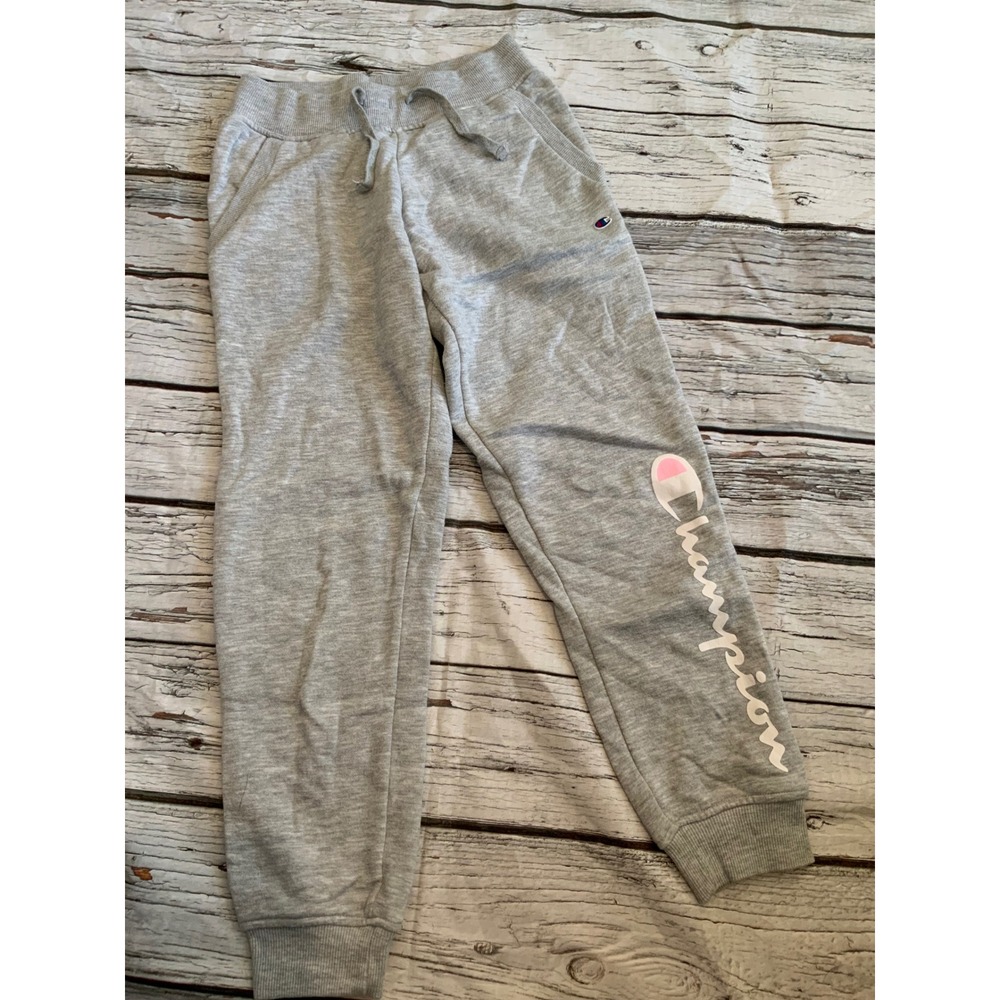 Champion Girls Heather‎ Gray Fleece Joggers Sweatpants Pink Script Logo Medium M
